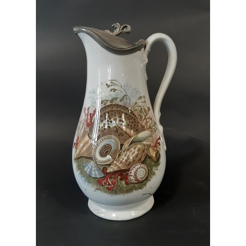 90 - A collection of six 19th century Prattware jugs all with shell and coral detail, three with pewter m... 