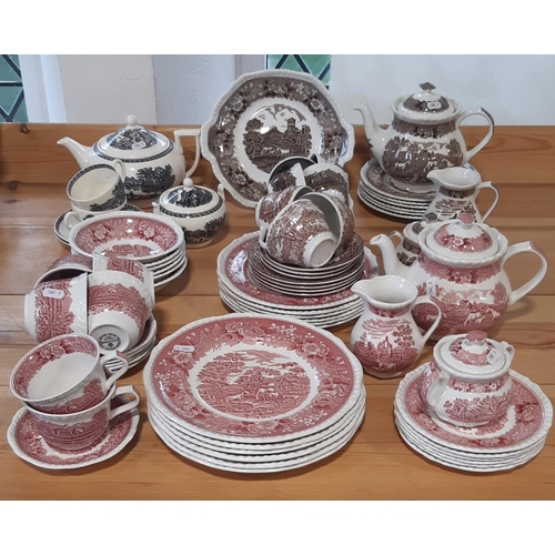 26 - A quantity of Adams monochrome ‘English Scenic’ pattern tea and coffee wares in rose and brown and b... 