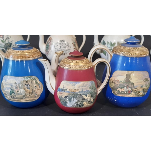 33 - A group of mostly antique Pratt ware and other teapots to include a souvenir present from Southport,... 