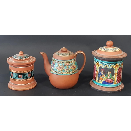 34 - A group of Victorian and later terracotta ground coffee wares etc, to include a D.B. & Co ‘Etiuria’ ... 