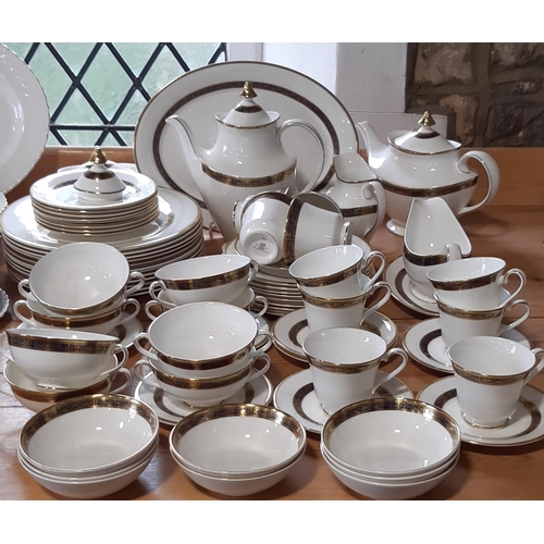 5 - A Royal Doulton Harlow pattern part dinner/tea service comprising hot water pot, teapot, cream jug, ... 