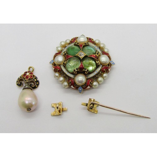 392 - Mid-Victorian Holbeinesque enamelled gem set jewel, set with emeralds in quatrefoil formation within... 