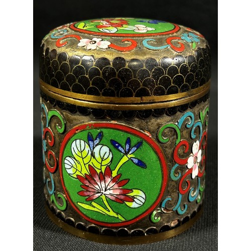 444 - A cylindrical Cloisonné lidded pot and cover, 1890 silver crown cartwheel penny, etc, and a cameo br... 