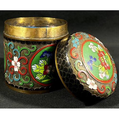 444 - A cylindrical Cloisonné lidded pot and cover, 1890 silver crown cartwheel penny, etc, and a cameo br... 