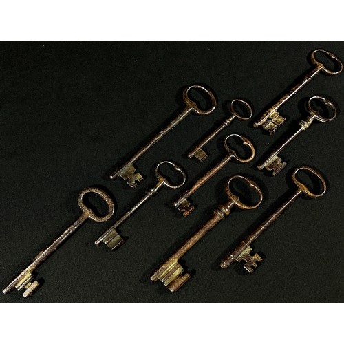 445 - Nine ancient steel door or large cabinet keys