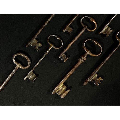 445 - Nine ancient steel door or large cabinet keys