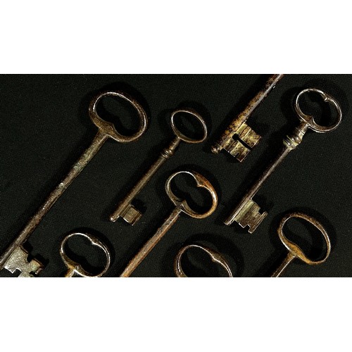 445 - Nine ancient steel door or large cabinet keys