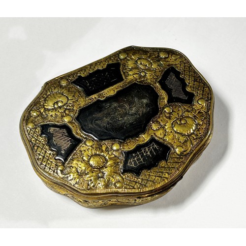 449 - An early 19th century snuff box with gilded brass frame and inset composite panels, 7cm max