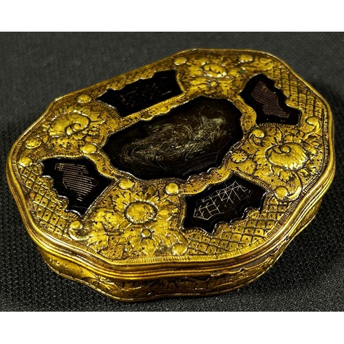 449 - An early 19th century snuff box with gilded brass frame and inset composite panels, 7cm max