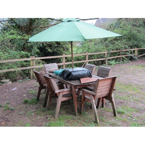 1092 - A contemporary weathered soft wood garden terrace suite comprising table with rectangular slatted to... 