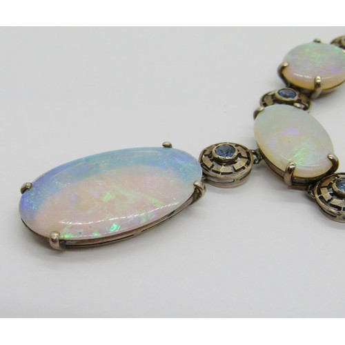 398 - Fine early 20th century opal and sapphire demi-parure comprising a graduated opal pendant necklace a... 