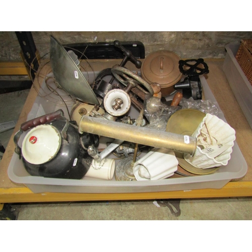 1310 - Mixed vintage kitchenalia to include mellow moulds, together with mixed lighting, tools, etc