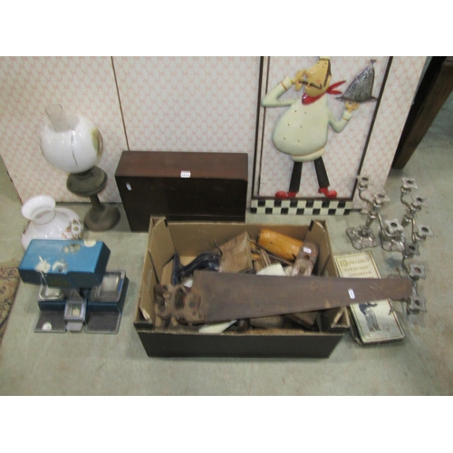 1310 - Mixed vintage kitchenalia to include mellow moulds, together with mixed lighting, tools, etc