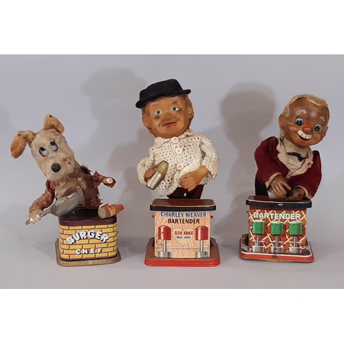 782 - Three 1960's tin plate toys comprising Charley Weaver Bartender, Burger Chef and Bartender. Untested... 