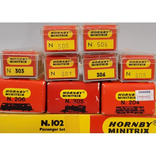 789 - A collection of boxed N gauge railway models by Hornby Minitrix including 102 Passenger Set, N205  2... 