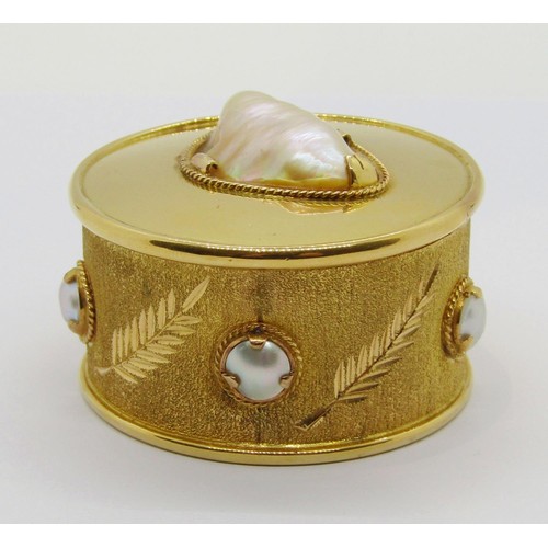 404 - Circular yellow metal (believed to be high carat gold) trinket box set with a baroque blister pearl ... 