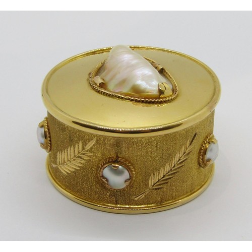 404 - Circular yellow metal (believed to be high carat gold) trinket box set with a baroque blister pearl ... 