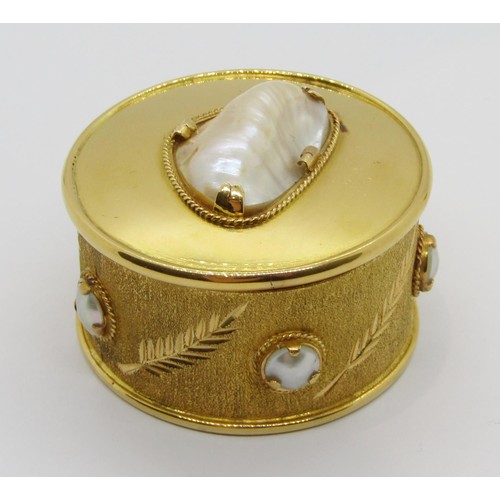 404 - Circular yellow metal (believed to be high carat gold) trinket box set with a baroque blister pearl ... 