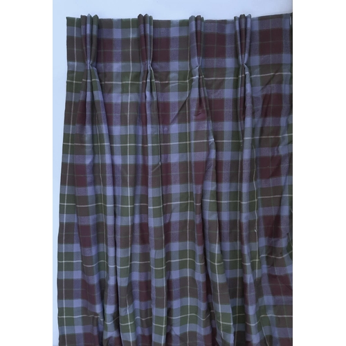 807 - 1 pair extra long heavy curtains in tartan fabric,  lined and thermal lined with triple pleat headin... 