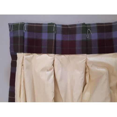 807 - 1 pair extra long heavy curtains in tartan fabric,  lined and thermal lined with triple pleat headin... 