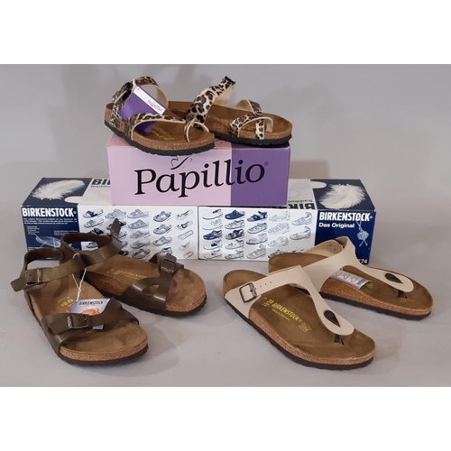 808 - 3 pairs boxed and unworn Birkenstock sandals with tags including Gizeh size 39 in ice, Rio size 40 i... 