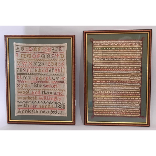 812 - Two needlework samplers comprising a panel 32x19cm demonstrating embroidery stitches and a Victorian... 