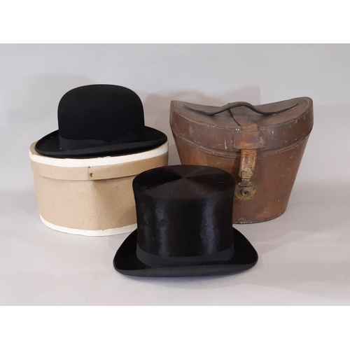 813 - Early 20th century black silk top hat by Colwill & Co in silk lined stitched leather hat box. Crown ... 