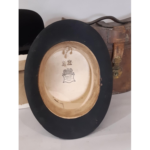 813 - Early 20th century black silk top hat by Colwill & Co in silk lined stitched leather hat box. Crown ... 