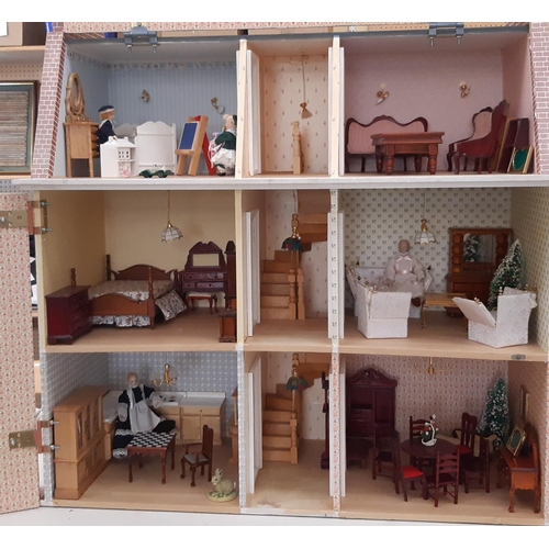 793 - 3 storey dolls house in the style of a period red brick town house with hinged front and roof, compl... 