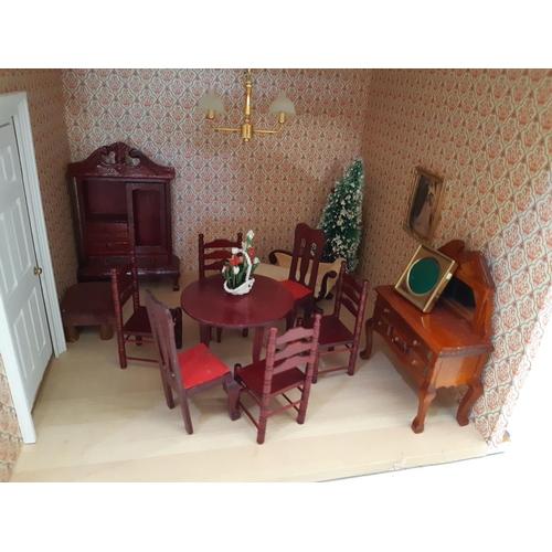 793 - 3 storey dolls house in the style of a period red brick town house with hinged front and roof, compl... 