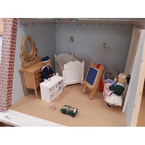 793 - 3 storey dolls house in the style of a period red brick town house with hinged front and roof, compl... 