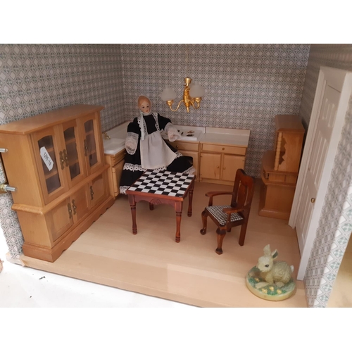 793 - 3 storey dolls house in the style of a period red brick town house with hinged front and roof, compl... 