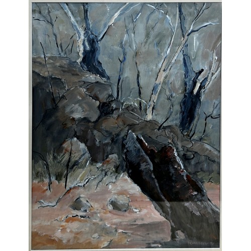 1806 - Yvonne Langshaw (Australian, Contemporary) - Woodland scene with tree stump (1992), signed and dater... 