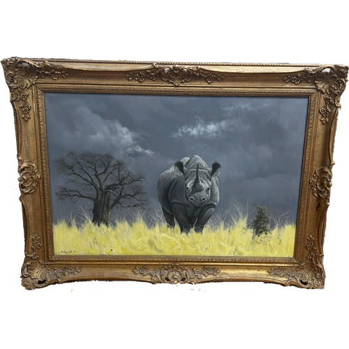 1808 - Anthony Gibbs (b.1951) -  Rhino with dark sky above (1973), signed and dated lower left, oil on canv... 