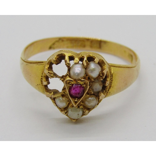 411 - Victorian 15ct ruby and pearl heart cluster ring, maker 'A.A', with lozenge mark, size L, 2.2g (af)