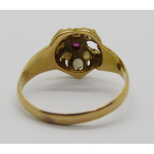 411 - Victorian 15ct ruby and pearl heart cluster ring, maker 'A.A', with lozenge mark, size L, 2.2g (af)