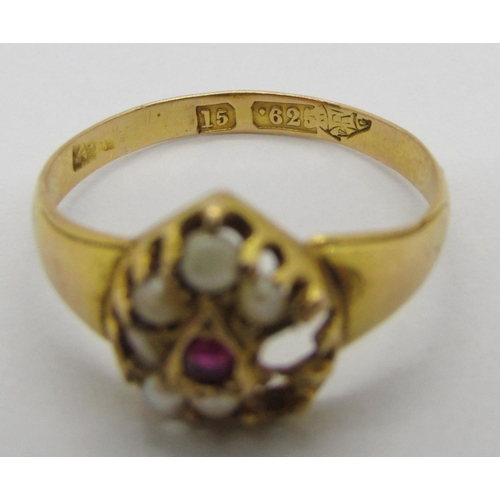 411 - Victorian 15ct ruby and pearl heart cluster ring, maker 'A.A', with lozenge mark, size L, 2.2g (af)