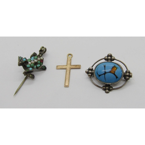 417 - Small mixed group of jewellery to include an antique 800 silver frog brooch set with turquoise and s... 