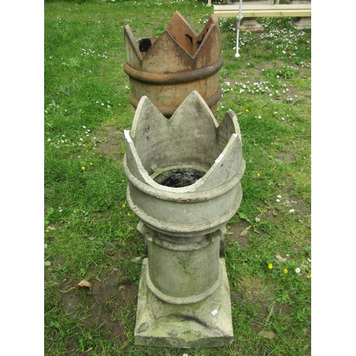 1183 - Two weathered cylindrical crown top chimney pots with flared square bases (af), the tallest example ... 