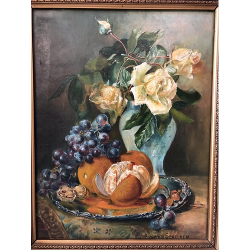 1804 - Adolf Vanderschelden (19th-20th Century) - Still life with fruit and a baluster vase of white roses,... 