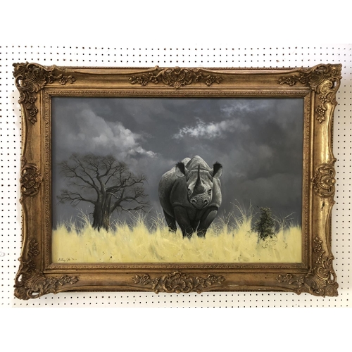 1808 - Anthony Gibbs (b.1951) -  Rhino with dark sky above (1973), signed and dated lower left, oil on canv... 