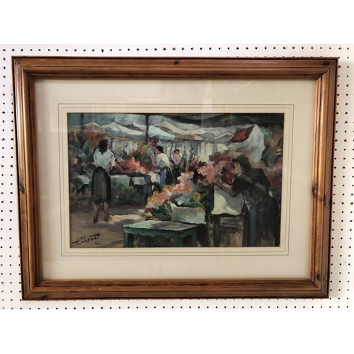 1825 - Antonin Puzenat (20th Century) - Flower Market Scene (1966), signed and dated lower left, gouache on... 