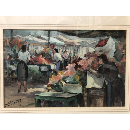 1825 - Antonin Puzenat (20th Century) - Flower Market Scene (1966), signed and dated lower left, gouache on... 