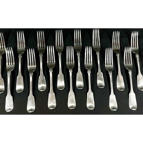 217 - Georgian and Victoria silver fiddle pattern flatware to include 18 main forks, 36 side forks, 18 des... 