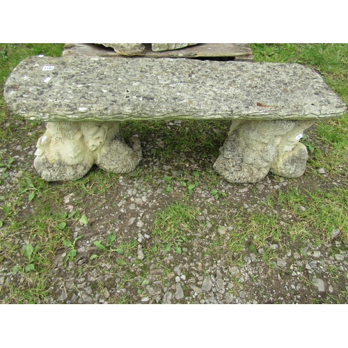 1102 - A low novelty weathered cast composition stone three sectional stone bench with naturalistic rectang... 