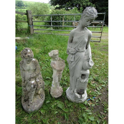 1103 - Three weathered cast composition stone garden ornaments in the form of classical maidens in varying ... 