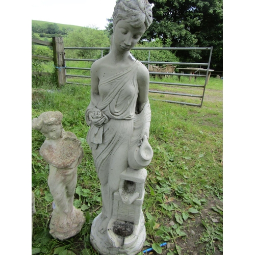 1103 - Three weathered cast composition stone garden ornaments in the form of classical maidens in varying ... 