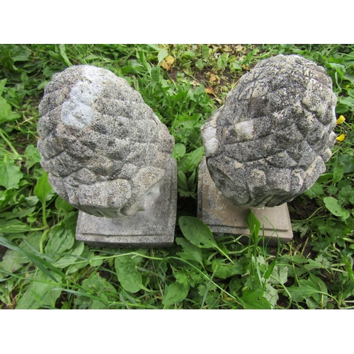 1105 - A pair of small weathered cast composition stone pineapple pier cap finials with fixed square cut ba... 