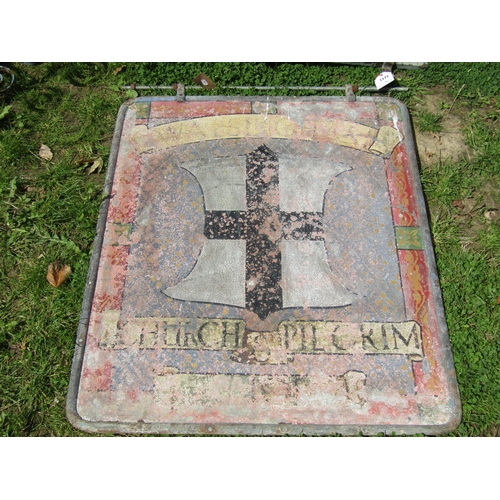 1171 - An old weathered metal inn sign of rectangular form with hand painted armorial shield and lettering ... 