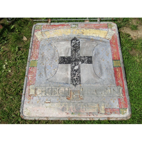 1171 - An old weathered metal inn sign of rectangular form with hand painted armorial shield and lettering ... 